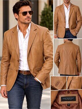 LeatherCult Camel Real Leather Blazer Men’s 48 Custom Hide Couture Sport Coat